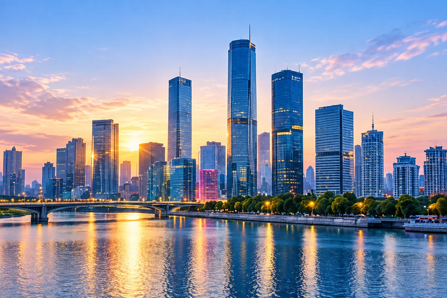 城市天际线与目的地风光，展示酒旅文旅视频应用场景