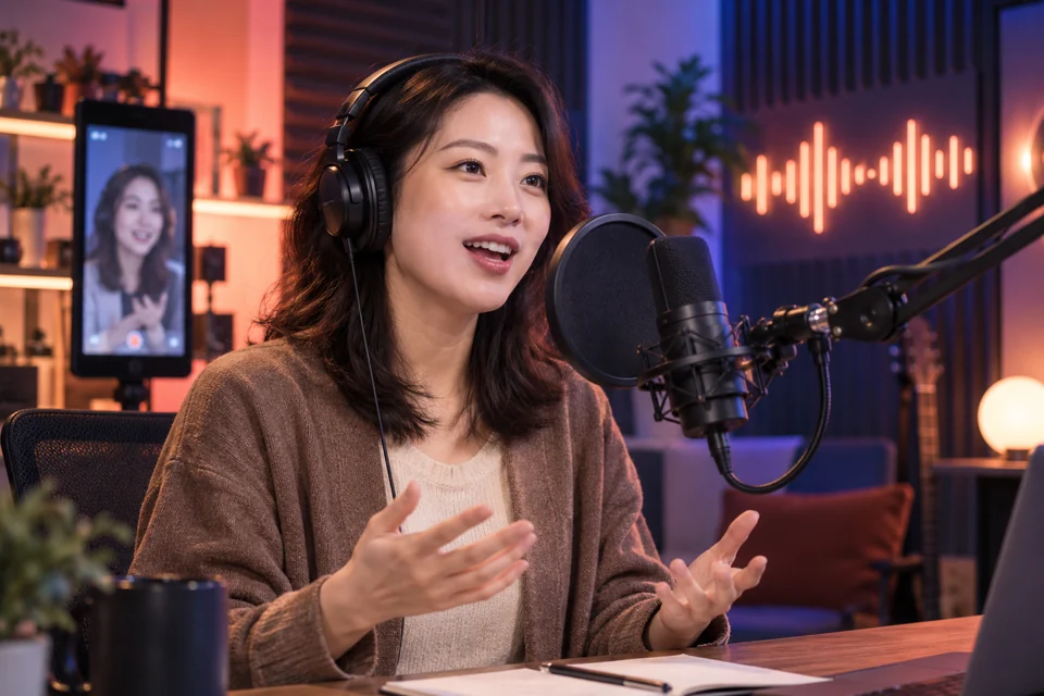 创作者在麦克风前录制声音样本的示意画面