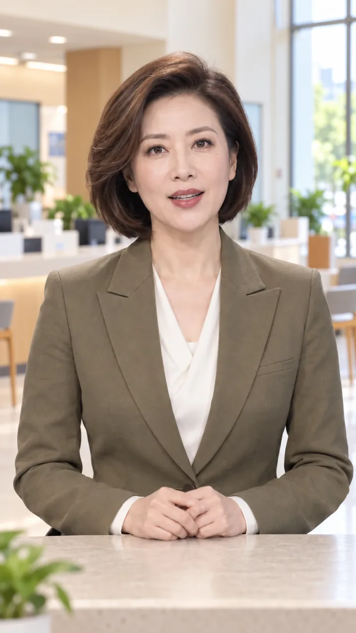 棕色西装女主播在社区服务空间演示民生新闻竖屏模板