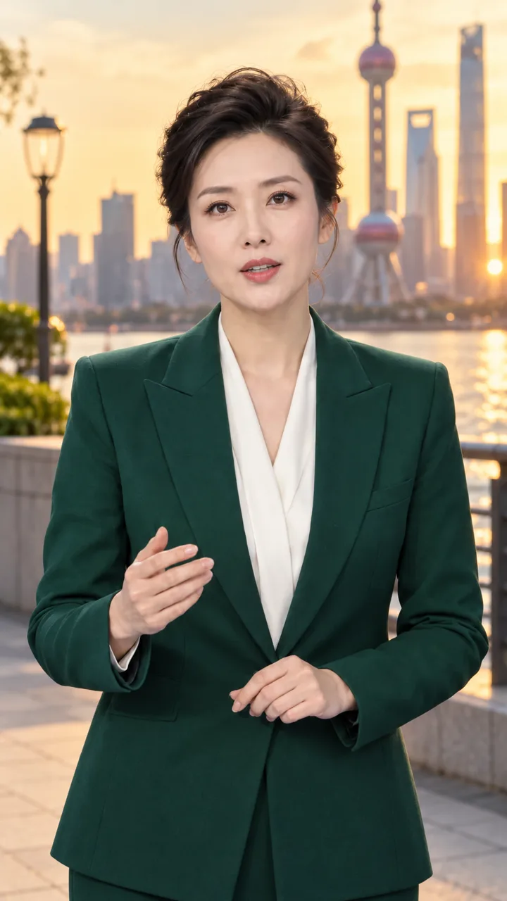 绿色西装女主播在城市外景演示城市新闻竖屏模板